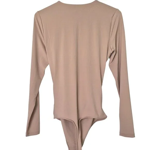 Abercrombie & Fitch Wrap Bodysuit Sz Med Long Sleeve Lined Tan Soft NWT Classic - Picture 2 of 9